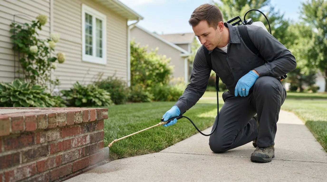 Pest control technician treating a home near Pickerel, WI