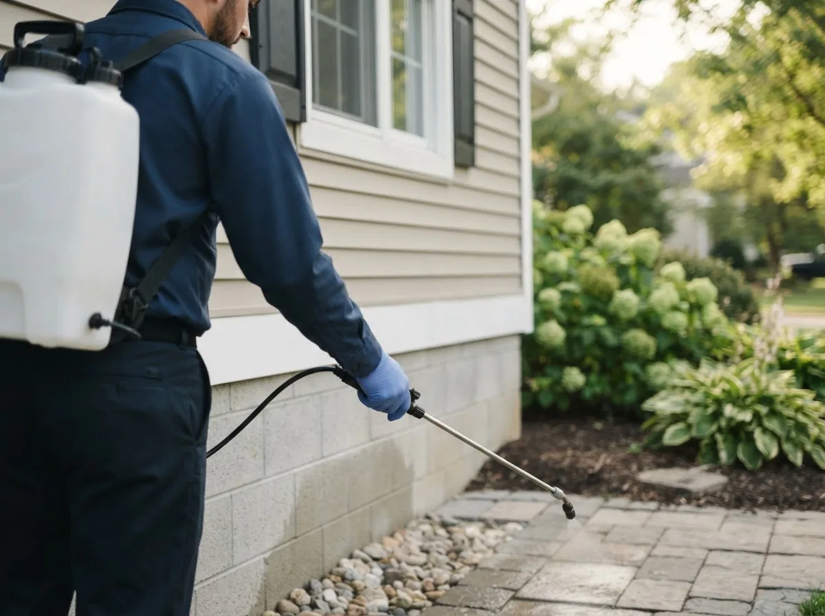 Pest control technician inspecting a home in Pickerel, WI
